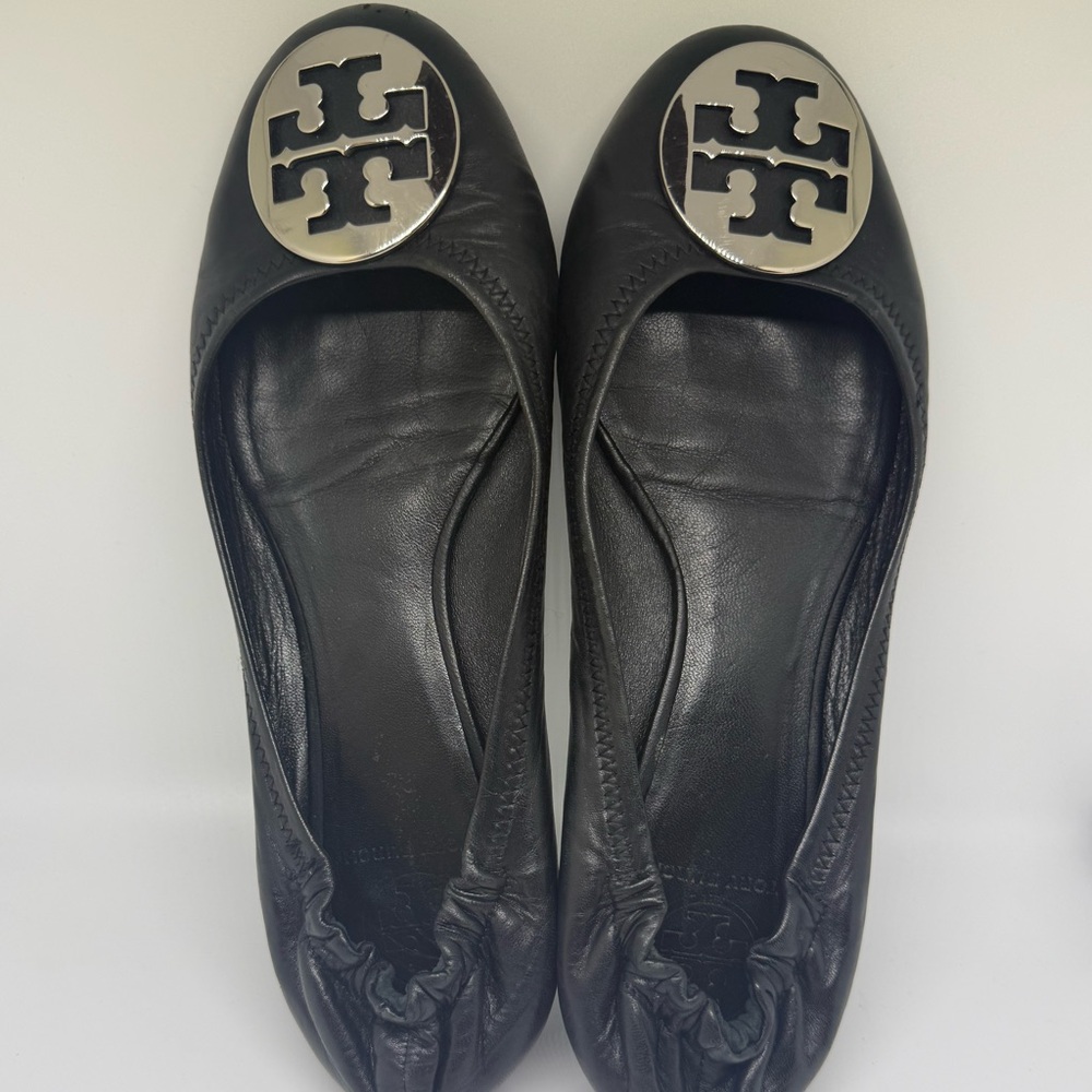 Tory Burch Black Leather Flats with Silver Logo